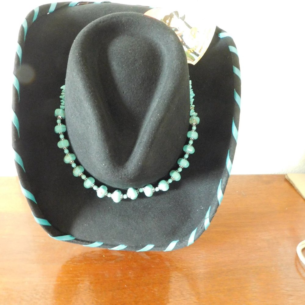 WOMEN"S MONTECARLO BLACK COWBOY HAT WITH TURQUOISE LIKE ADORNMENTS SIZE L  NEW